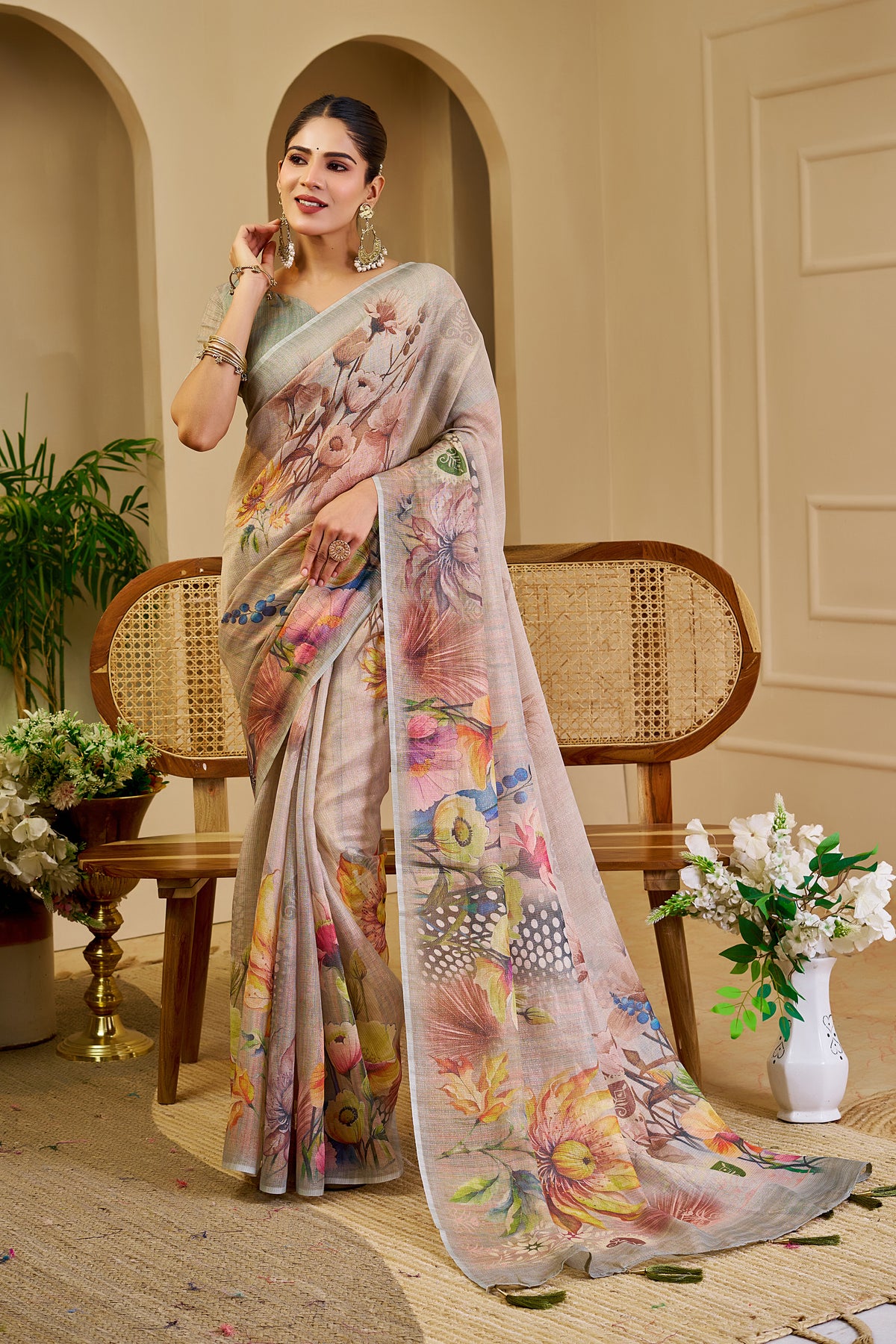 Pearl Grey Tissue Silk Saree with Multicolour Floral Digital Print, Tassel Pallu and Running Blouse for Festive Wear