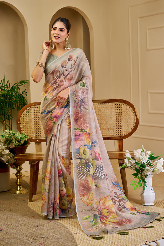 Pearl Grey Tissue Silk Saree with Multicolour Floral Digital Print, Tassel Pallu and Running Blouse for Festive Wear