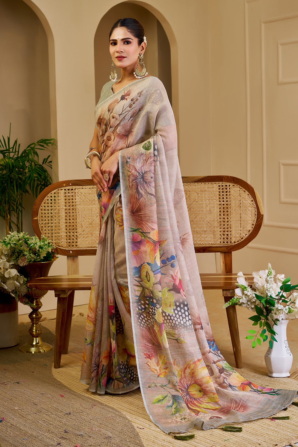 Pearl Grey Tissue Silk Saree with Multicolour Floral Digital Print, Tassel Pallu and Running Blouse for Festive Wear