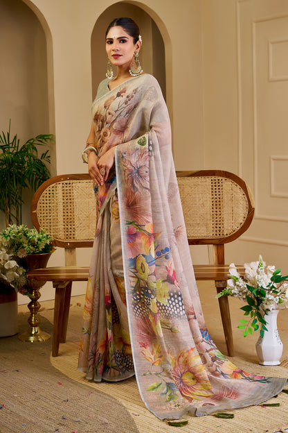 Pearl Grey Tissue Silk Saree with Multicolour Floral Digital Print, Tassel Pallu and Running Blouse for Festive Wear