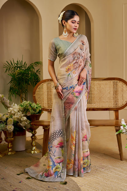Pearl Grey Tissue Silk Saree with Multicolour Floral Digital Print, Tassel Pallu and Running Blouse for Festive Wear