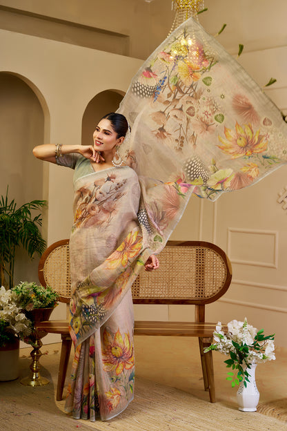 Pearl Grey Tissue Silk Saree with Multicolour Floral Digital Print, Tassel Pallu and Running Blouse for Festive Wear