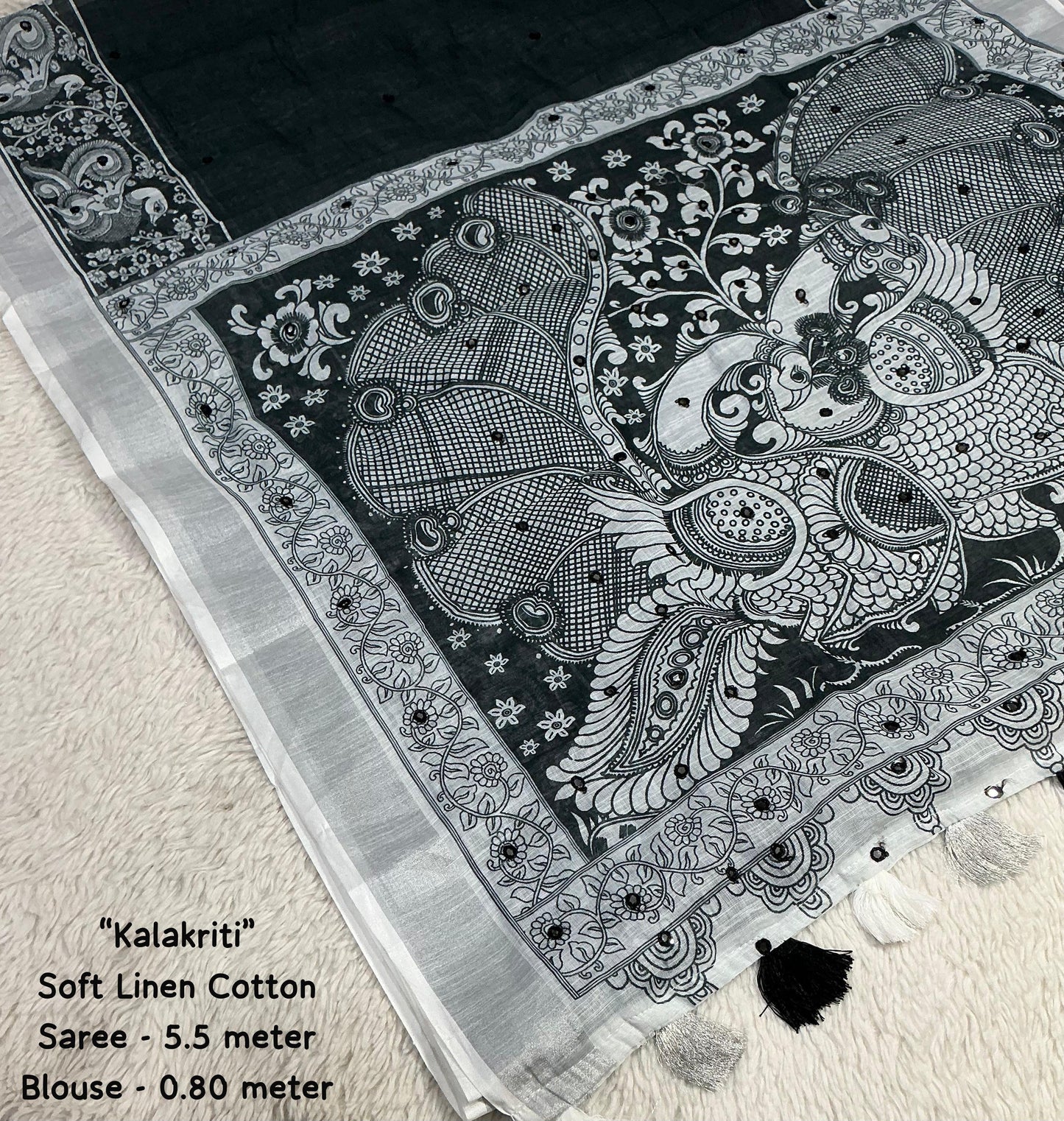 Soft Linen Cotton Saree With silver Jari Border & Aari Mirror Work all over saree.