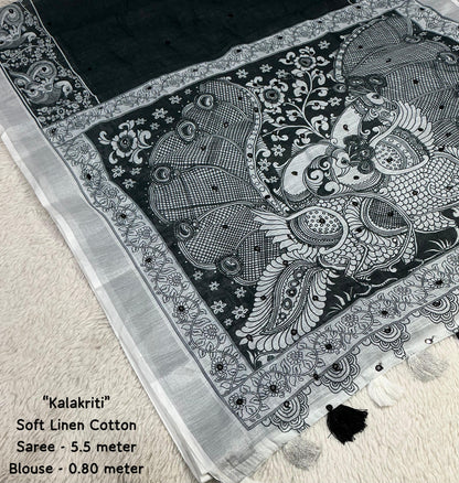 Soft Linen Cotton Saree With silver Jari Border & Aari Mirror Work all over saree.