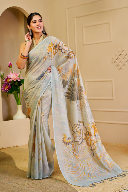 Silver Sage Green Tissue Silk Saree with Floral Design and Tassel Pallu, 6.3 Metres with Running Blouse for Festive Wear