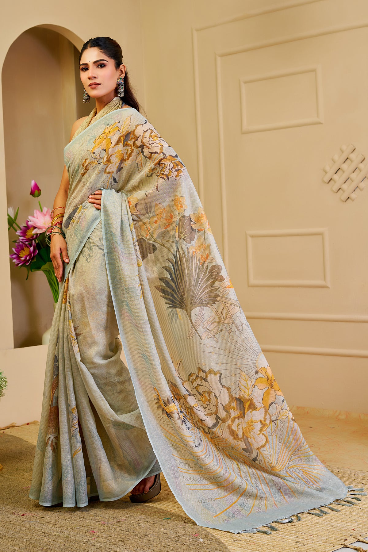 Silver Sage Green Tissue Silk Saree with Floral Design and Tassel Pallu, 6.3 Metres with Running Blouse for Festive Wear