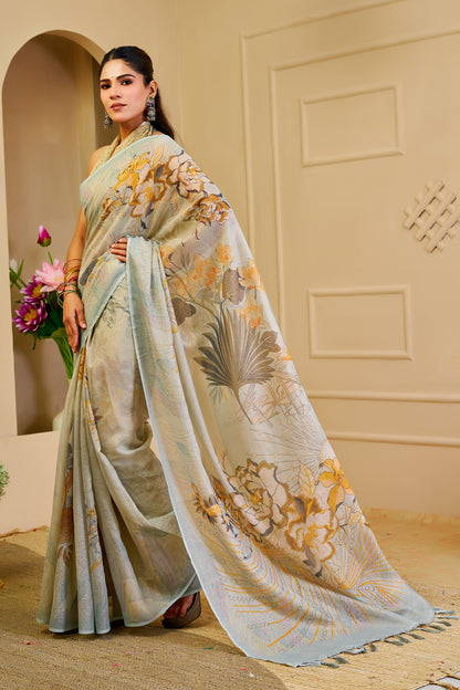 Silver Sage Green Tissue Silk Saree with Floral Design and Tassel Pallu, 6.3 Metres with Running Blouse for Festive Wear