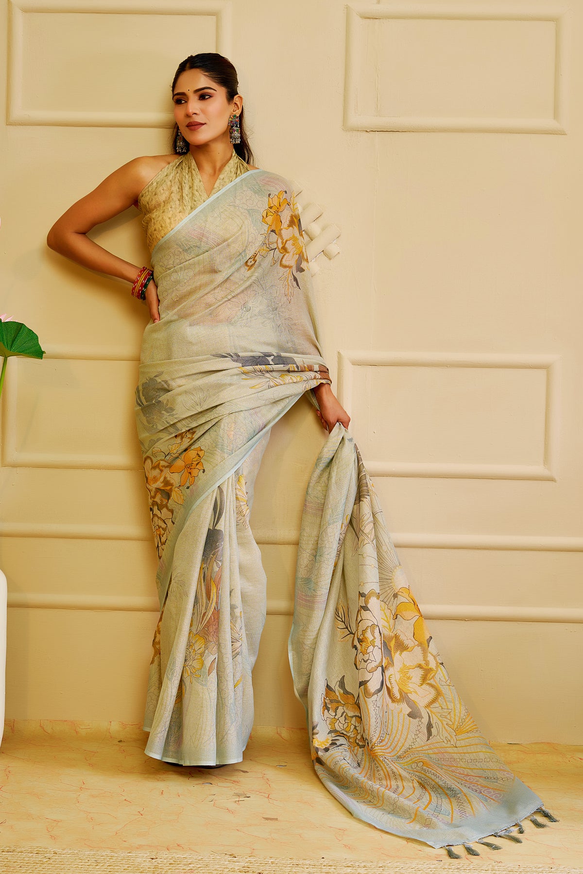 Silver Sage Green Tissue Silk Saree with Floral Design and Tassel Pallu, 6.3 Metres with Running Blouse for Festive Wear