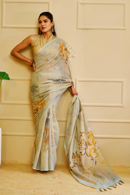 Silver Sage Green Tissue Silk Saree with Floral Design and Tassel Pallu, 6.3 Metres with Running Blouse for Festive Wear
