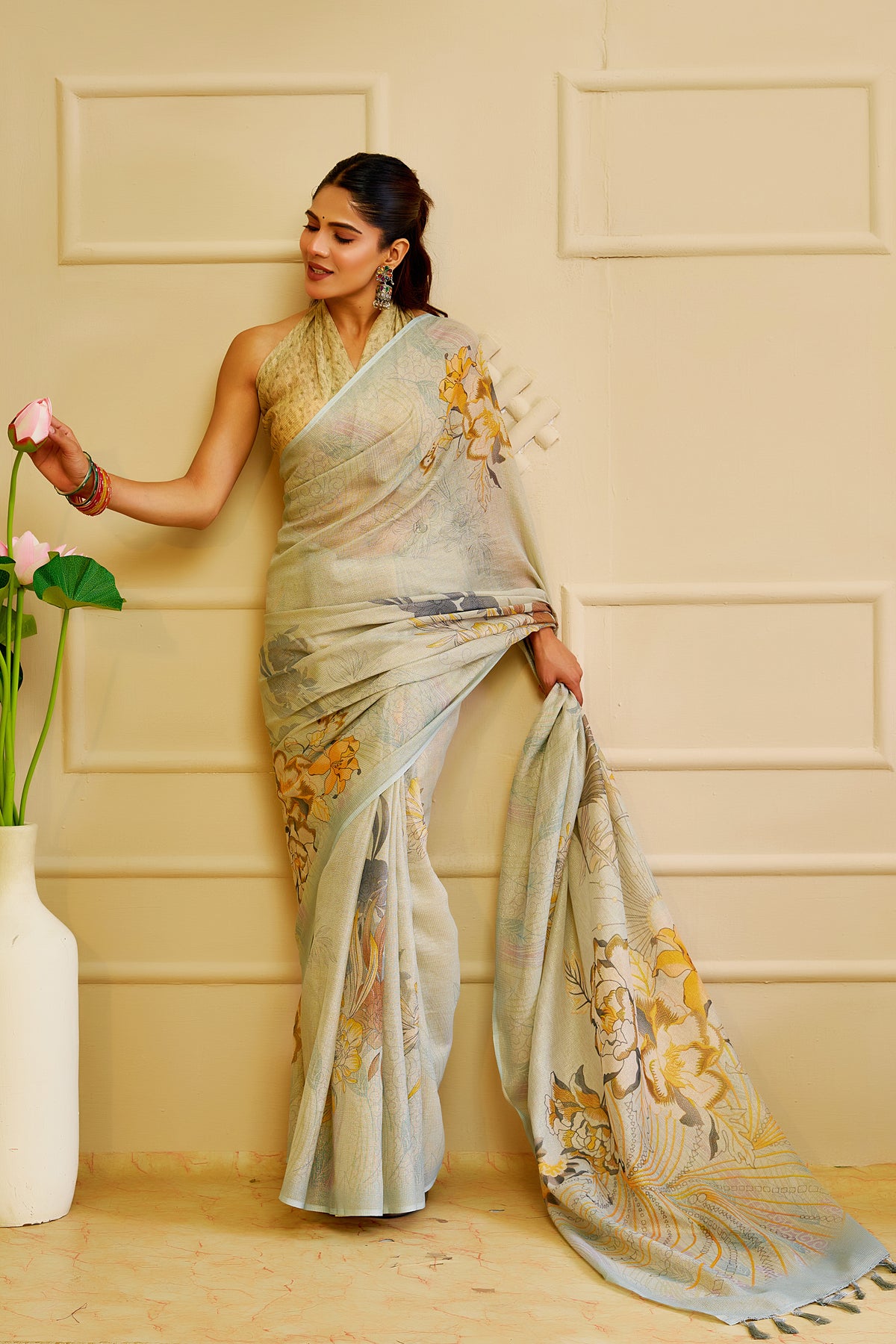 Silver Sage Green Tissue Silk Saree with Floral Design and Tassel Pallu, 6.3 Metres with Running Blouse for Festive Wear