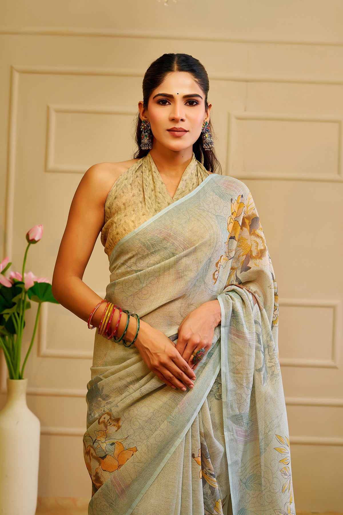 Silver Sage Green Tissue Silk Saree with Floral Design and Tassel Pallu, 6.3 Metres with Running Blouse for Festive Wear