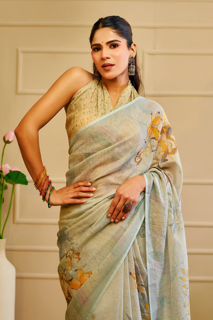 Silver Sage Green Tissue Silk Saree with Floral Design and Tassel Pallu, 6.3 Metres with Running Blouse for Festive Wear