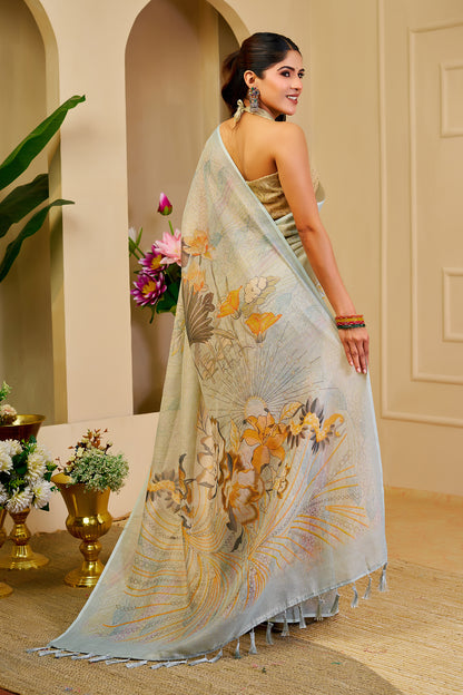 Silver Sage Green Tissue Silk Saree with Floral Design and Tassel Pallu, 6.3 Metres with Running Blouse for Festive Wear