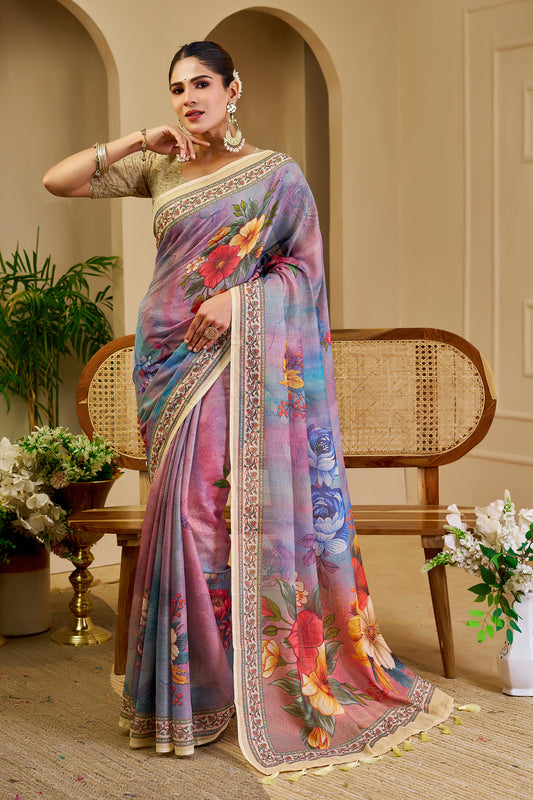 Lavender Multicolour Floral Print Tissue Silk Saree with Decorative Border and Running Blouse for Festive Occasions