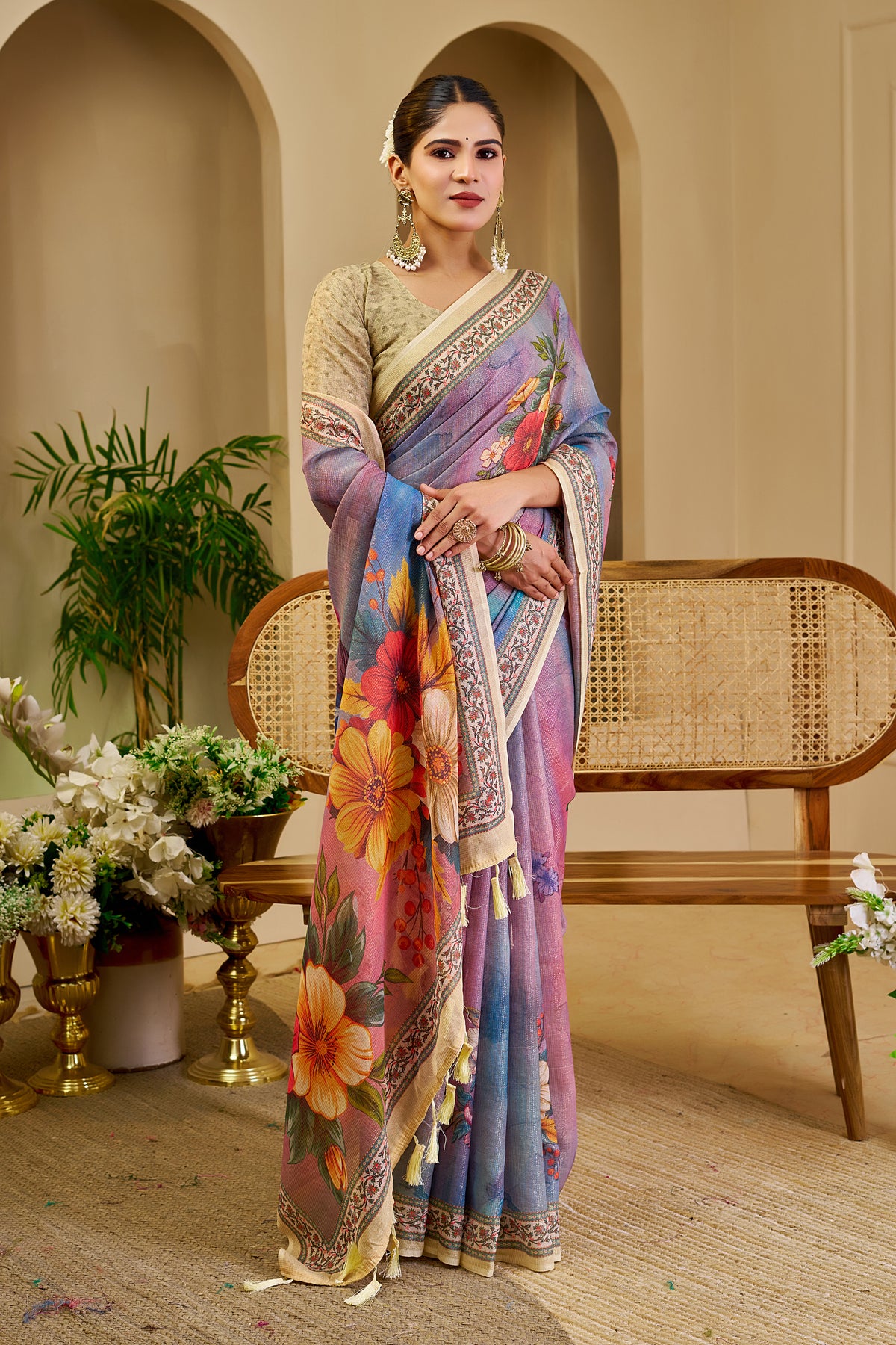 Lavender Multicolour Floral Print Tissue Silk Saree with Decorative Border and Running Blouse for Festive Occasions