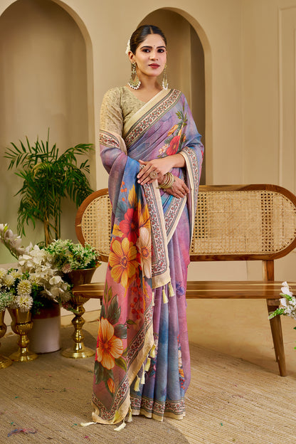 Lavender Multicolour Floral Print Tissue Silk Saree with Decorative Border and Running Blouse for Festive Occasions
