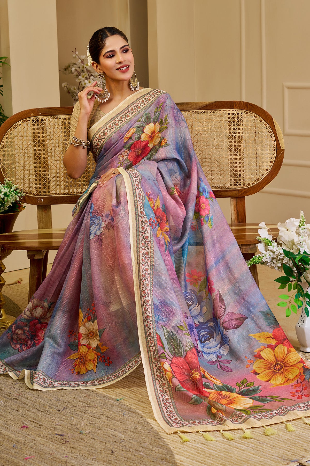 Lavender Multicolour Floral Print Tissue Silk Saree with Decorative Border and Running Blouse for Festive Occasions