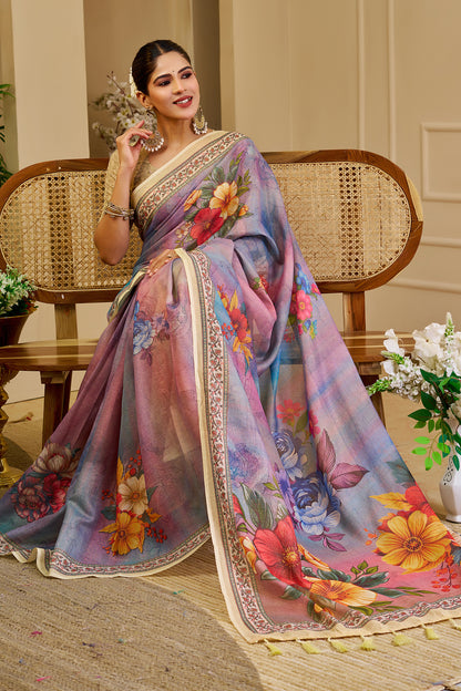 Lavender Multicolour Floral Print Tissue Silk Saree with Decorative Border and Running Blouse for Festive Occasions