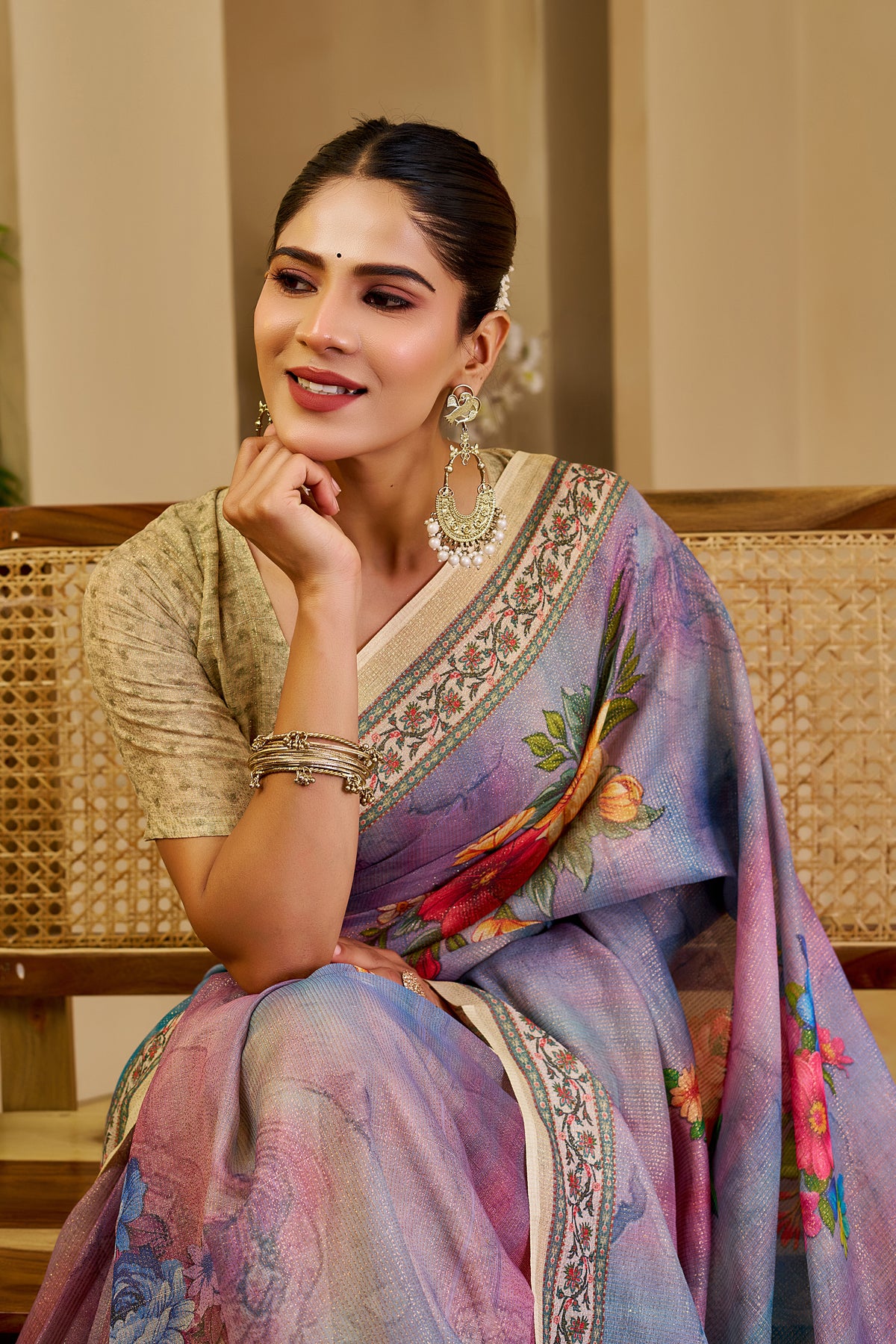 Lavender Multicolour Floral Print Tissue Silk Saree with Decorative Border and Running Blouse for Festive Occasions