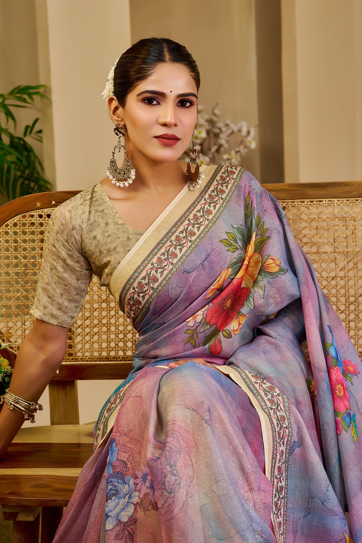 Lavender Multicolour Floral Print Tissue Silk Saree with Decorative Border and Running Blouse for Festive Occasions