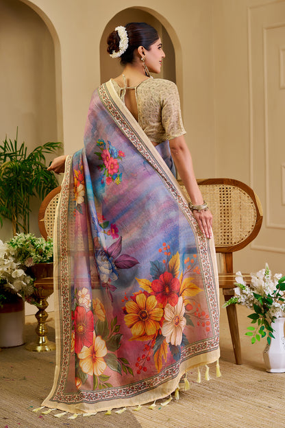 Lavender Multicolour Floral Print Tissue Silk Saree with Decorative Border and Running Blouse for Festive Occasions