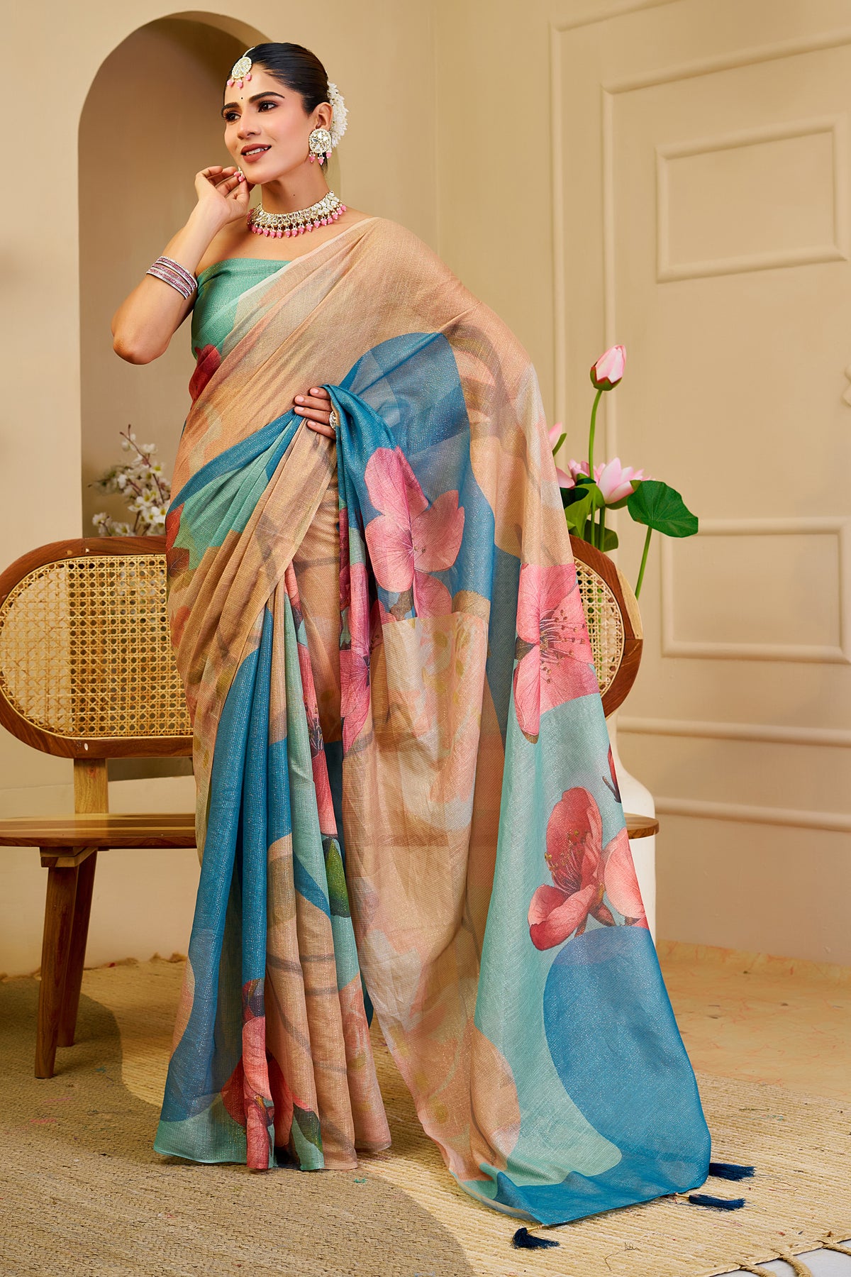 Beige and Teal Blue Tissue Silk Saree with Pink Floral Print, Tassel Pallu and Running Blouse for Festive Occasions