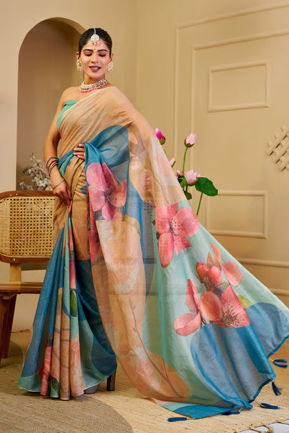 Beige and Teal Blue Tissue Silk Saree with Pink Floral Print, Tassel Pallu and Running Blouse for Festive Occasions