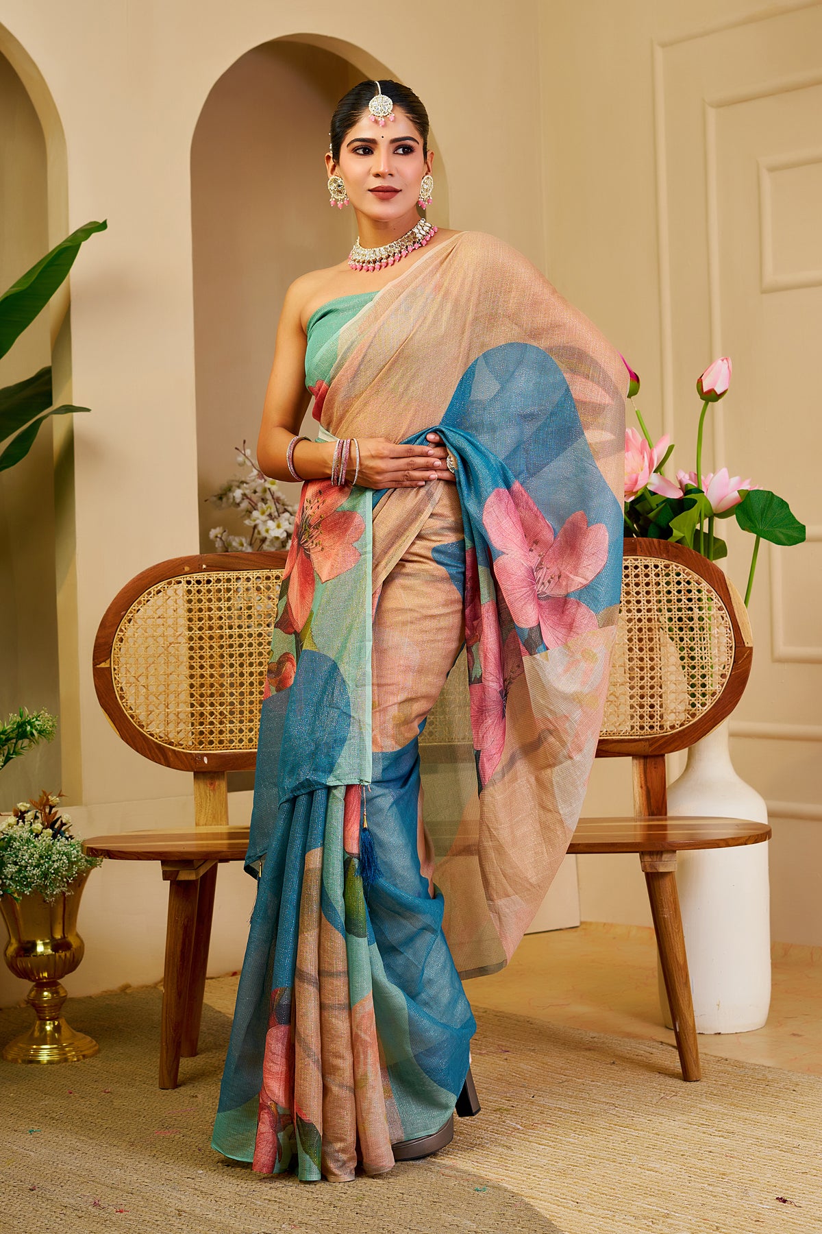 Beige and Teal Blue Tissue Silk Saree with Pink Floral Print, Tassel Pallu and Running Blouse for Festive Occasions