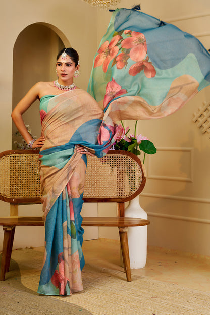 Beige and Teal Blue Tissue Silk Saree with Pink Floral Print, Tassel Pallu and Running Blouse for Festive Occasions
