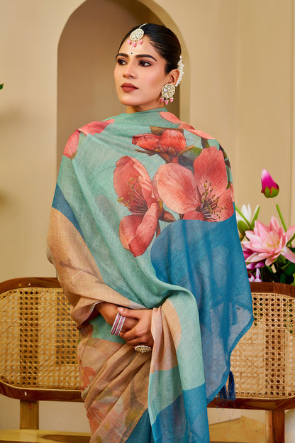 Beige and Teal Blue Tissue Silk Saree with Pink Floral Print, Tassel Pallu and Running Blouse for Festive Occasions
