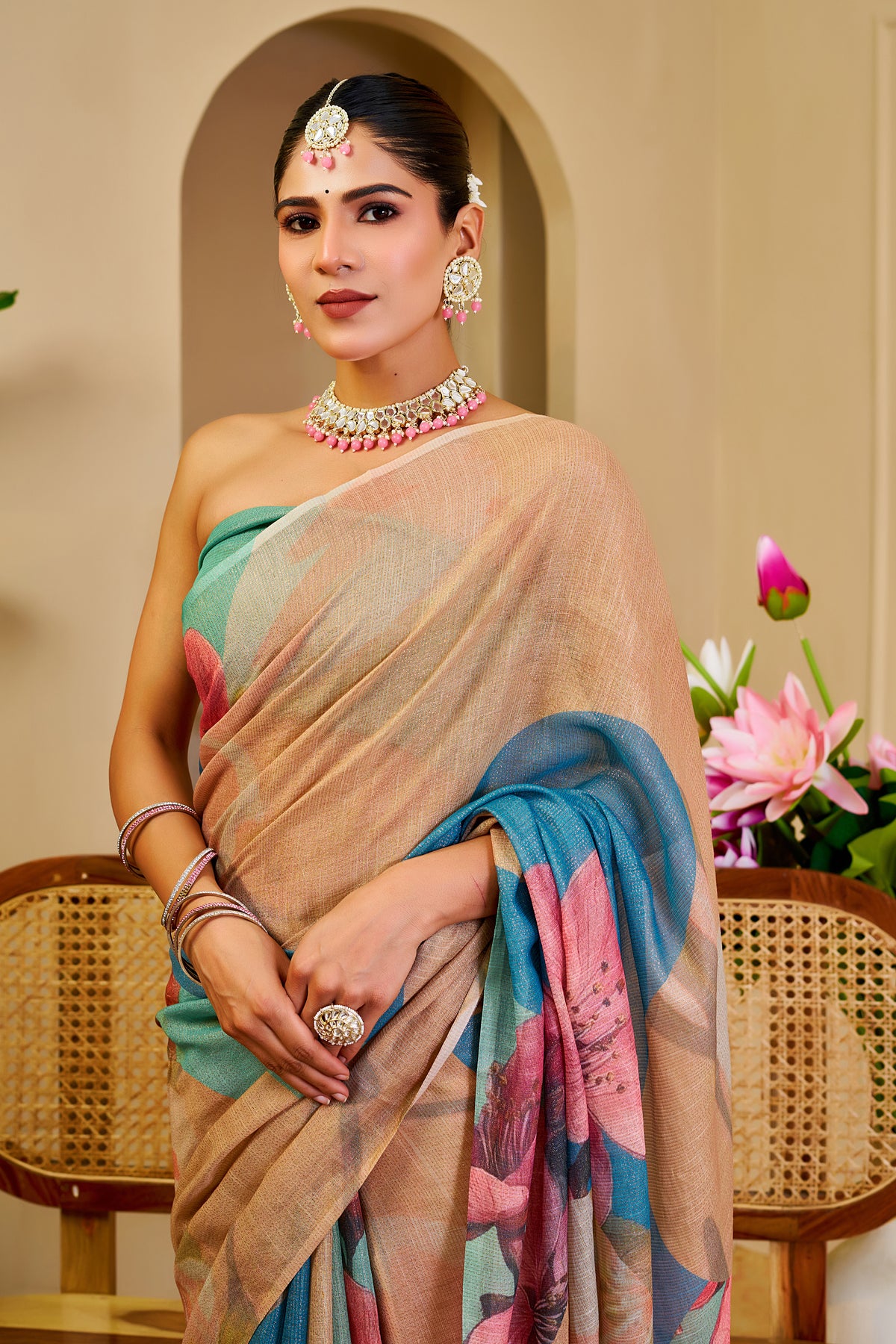Beige and Teal Blue Tissue Silk Saree with Pink Floral Print, Tassel Pallu and Running Blouse for Festive Occasions