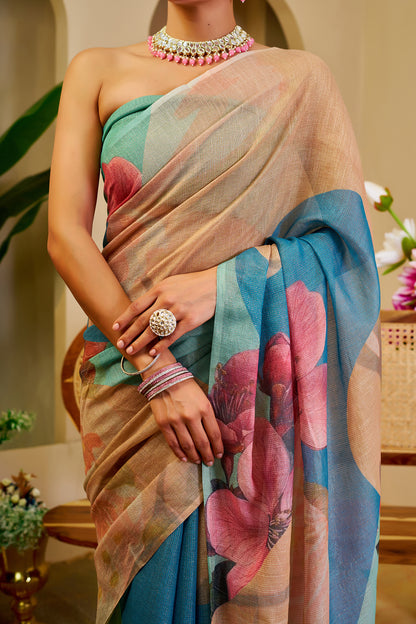 Beige and Teal Blue Tissue Silk Saree with Pink Floral Print, Tassel Pallu and Running Blouse for Festive Occasions