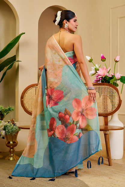 Beige and Teal Blue Tissue Silk Saree with Pink Floral Print, Tassel Pallu and Running Blouse for Festive Occasions