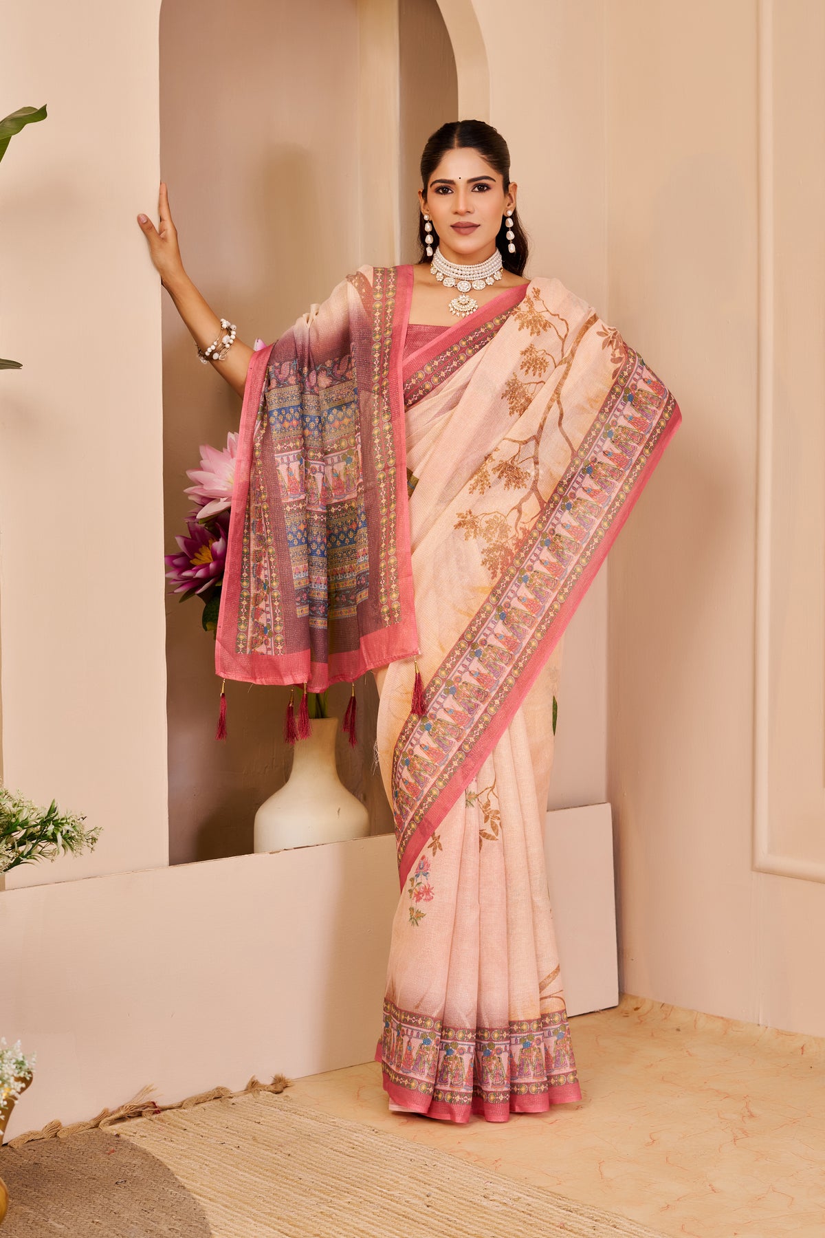 Blush Pink Tissue Silk Saree with Floral Motifs, Contrast Rose Pink Border and Decorative Pallu with Running Blouse