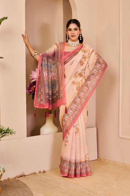 Blush Pink Tissue Silk Saree with Floral Motifs, Contrast Rose Pink Border and Decorative Pallu with Running Blouse