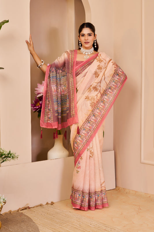 Blush Pink Tissue Silk Saree with Floral Motifs, Contrast Rose Pink Border and Decorative Pallu with Running Blouse