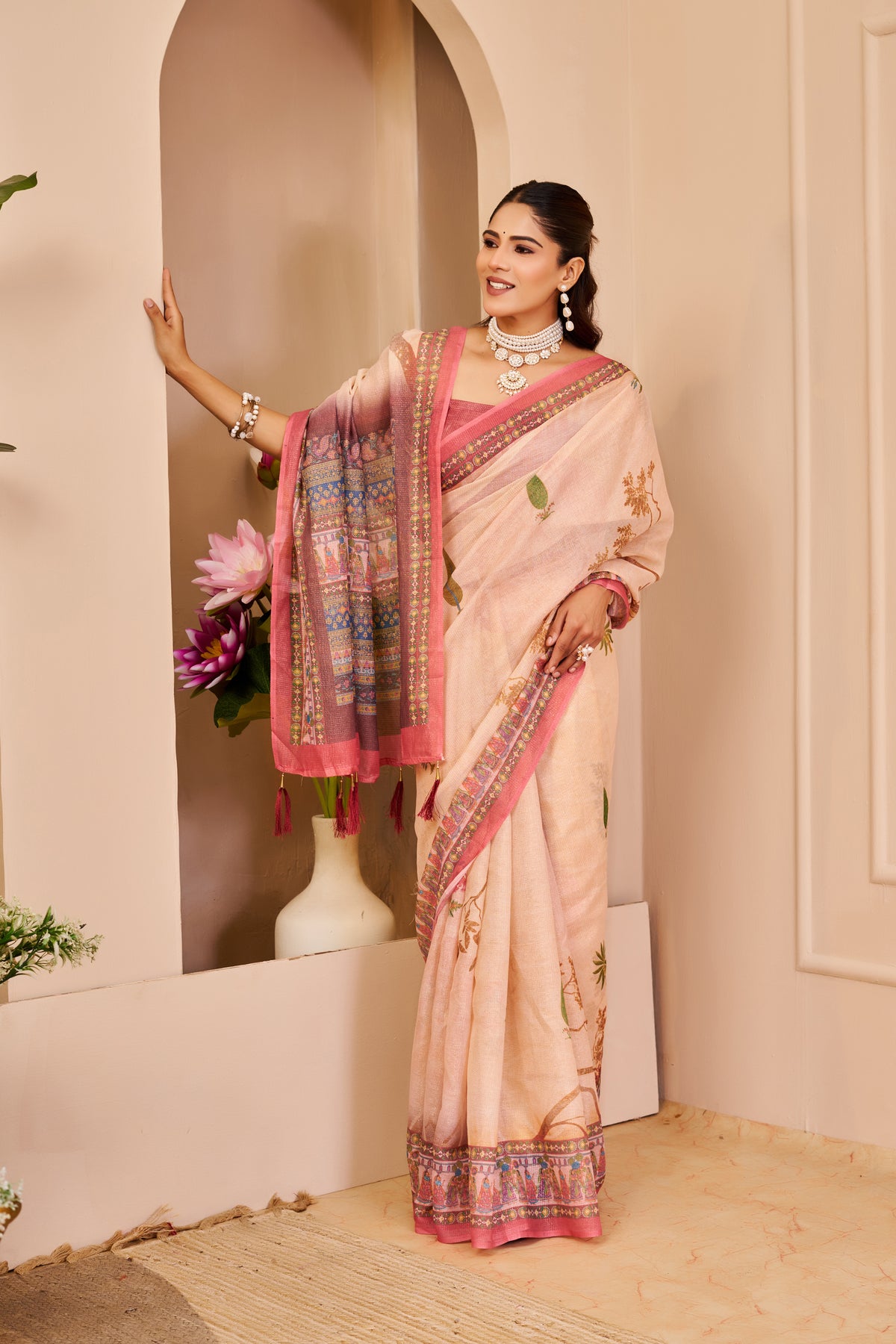 Blush Pink Tissue Silk Saree with Floral Motifs, Contrast Rose Pink Border and Decorative Pallu with Running Blouse