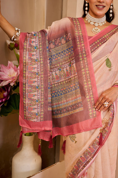 Blush Pink Tissue Silk Saree with Floral Motifs, Contrast Rose Pink Border and Decorative Pallu with Running Blouse