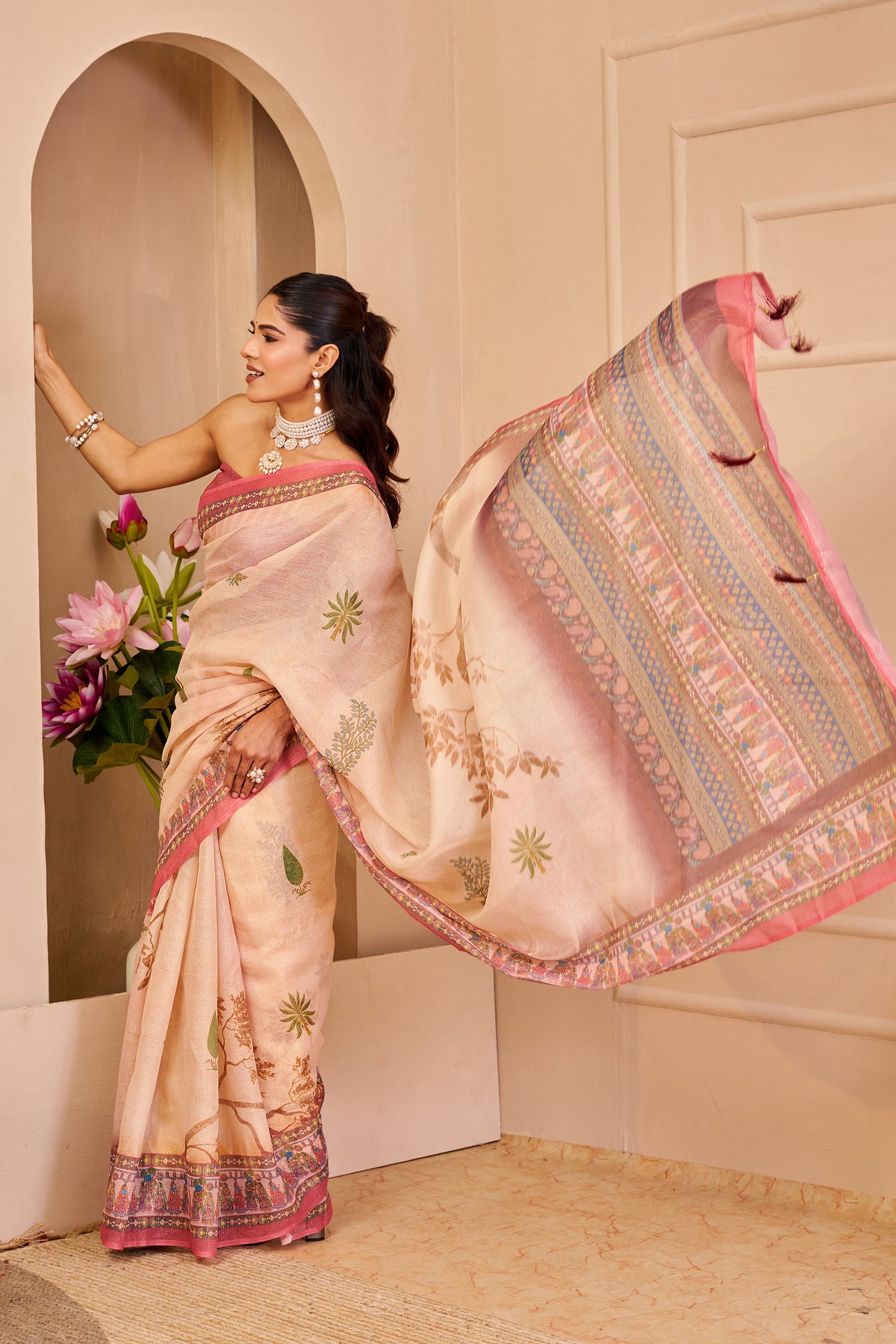 Blush Pink Tissue Silk Saree with Floral Motifs, Contrast Rose Pink Border and Decorative Pallu with Running Blouse