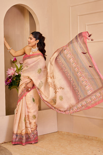 Blush Pink Tissue Silk Saree with Floral Motifs, Contrast Rose Pink Border and Decorative Pallu with Running Blouse