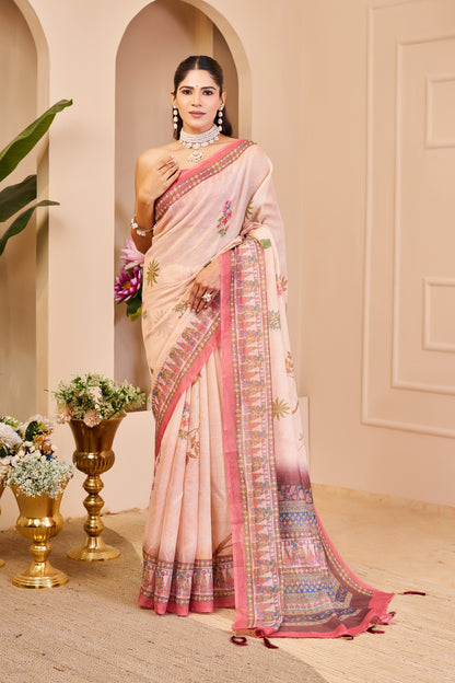 Blush Pink Tissue Silk Saree with Floral Motifs, Contrast Rose Pink Border and Decorative Pallu with Running Blouse