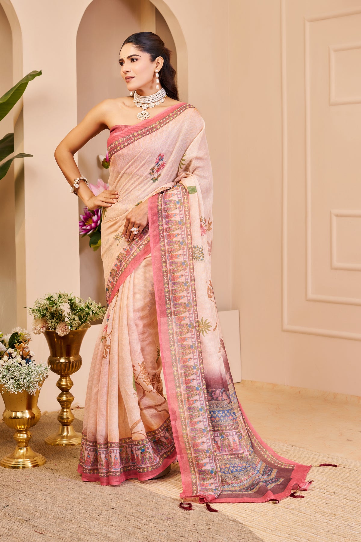 Blush Pink Tissue Silk Saree with Floral Motifs, Contrast Rose Pink Border and Decorative Pallu with Running Blouse
