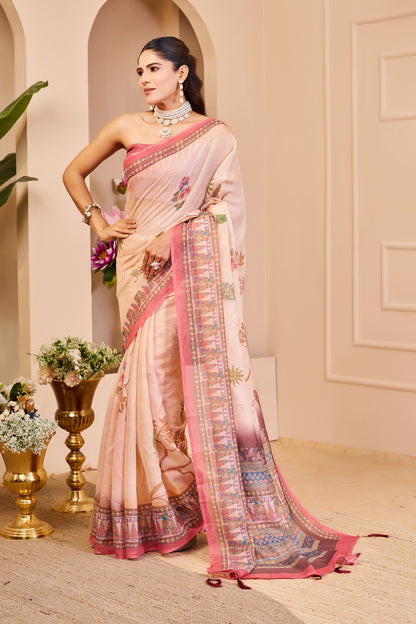 Blush Pink Tissue Silk Saree with Floral Motifs, Contrast Rose Pink Border and Decorative Pallu with Running Blouse