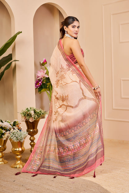 Blush Pink Tissue Silk Saree with Floral Motifs, Contrast Rose Pink Border and Decorative Pallu with Running Blouse