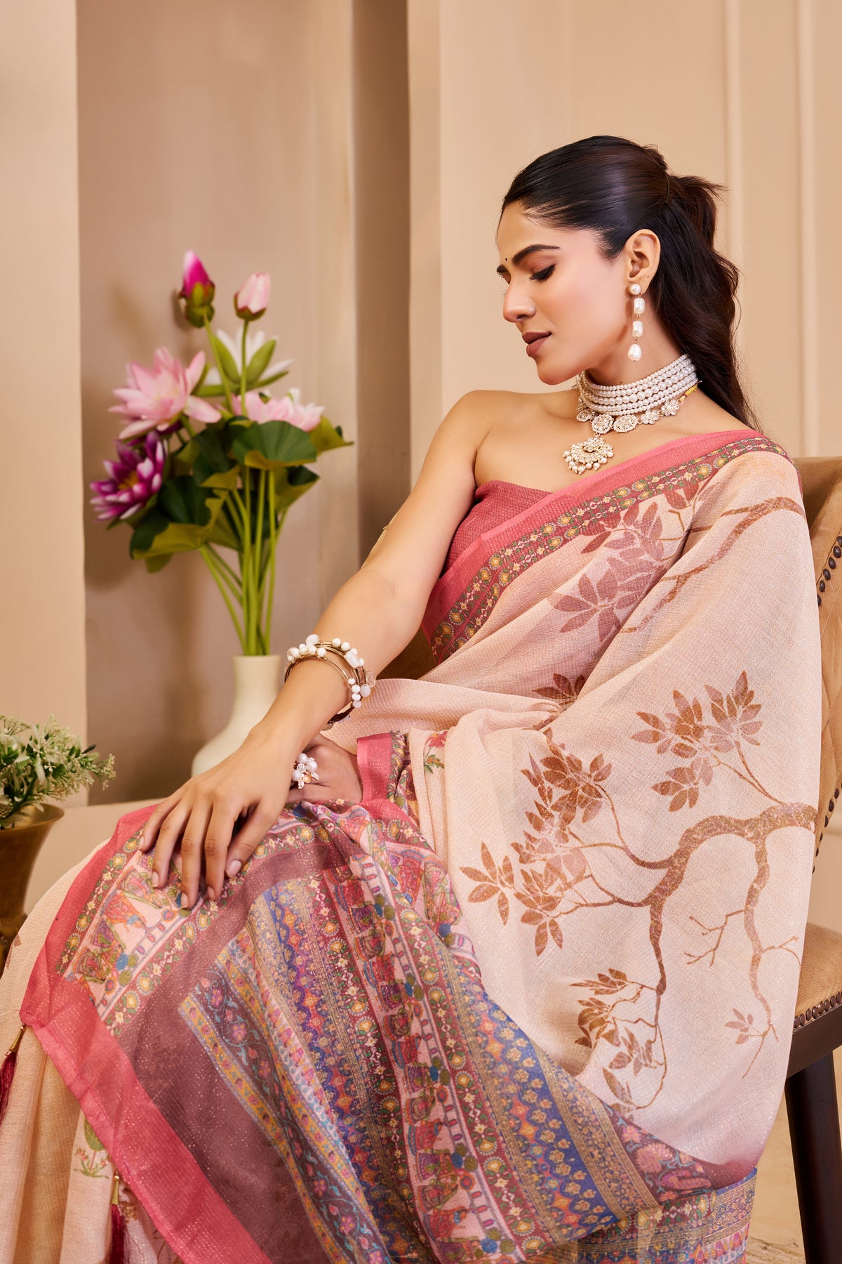 Blush Pink Tissue Silk Saree with Floral Motifs, Contrast Rose Pink Border and Decorative Pallu with Running Blouse