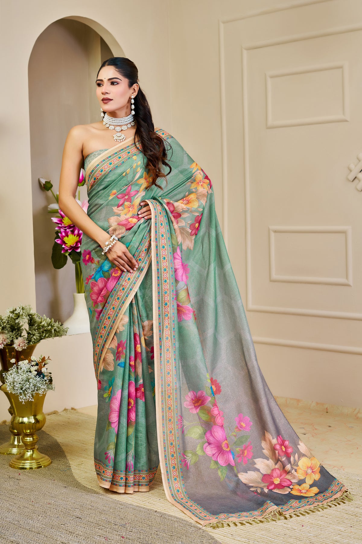 Sea Green Tissue Silk Saree with Multicolour Floral Design, Decorative Border and Running Blouse for Festive Wear