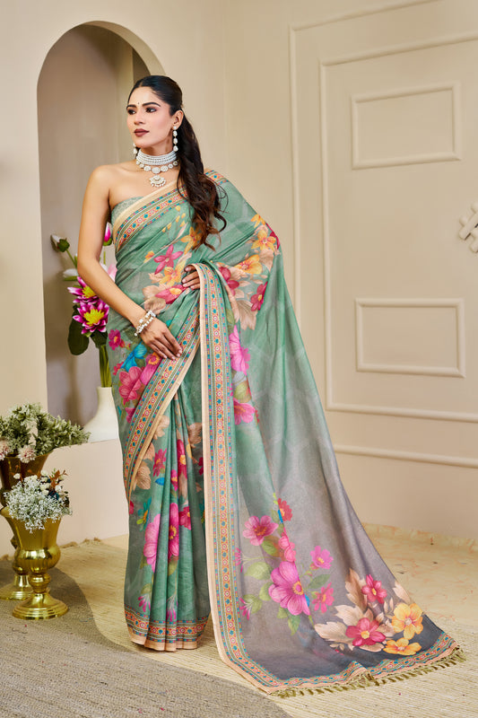 Sea Green Tissue Silk Saree with Multicolour Floral Design, Decorative Border and Running Blouse for Festive Wear