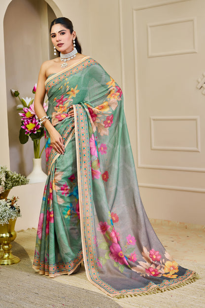 Sea Green Tissue Silk Saree with Multicolour Floral Design, Decorative Border and Running Blouse for Festive Wear