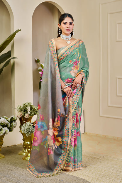Sea Green Tissue Silk Saree with Multicolour Floral Design, Decorative Border and Running Blouse for Festive Wear