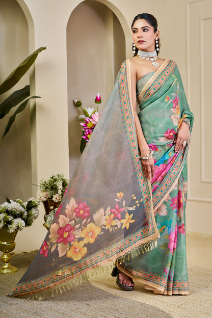 Sea Green Tissue Silk Saree with Multicolour Floral Design, Decorative Border and Running Blouse for Festive Wear